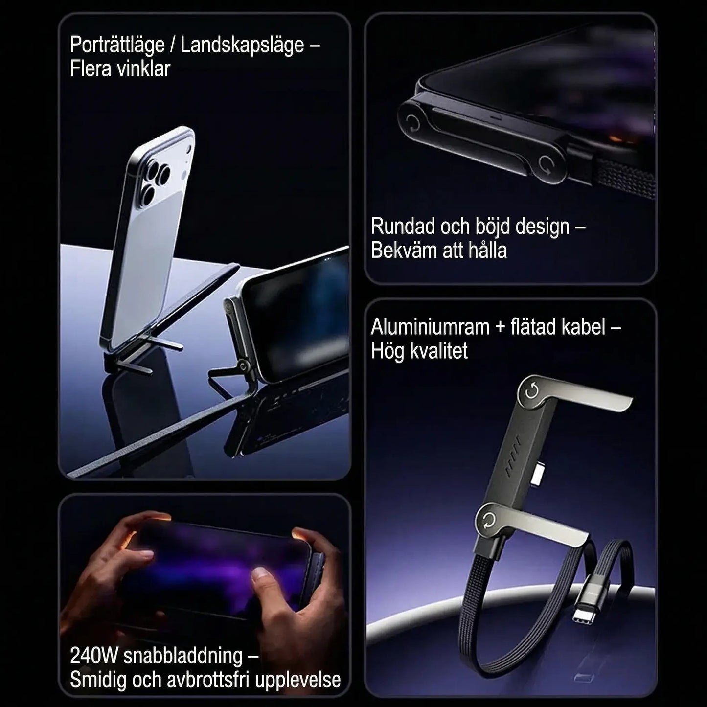 PowerFlex™ 240W – Vikbart Laddställ med Flätad Type C kabel